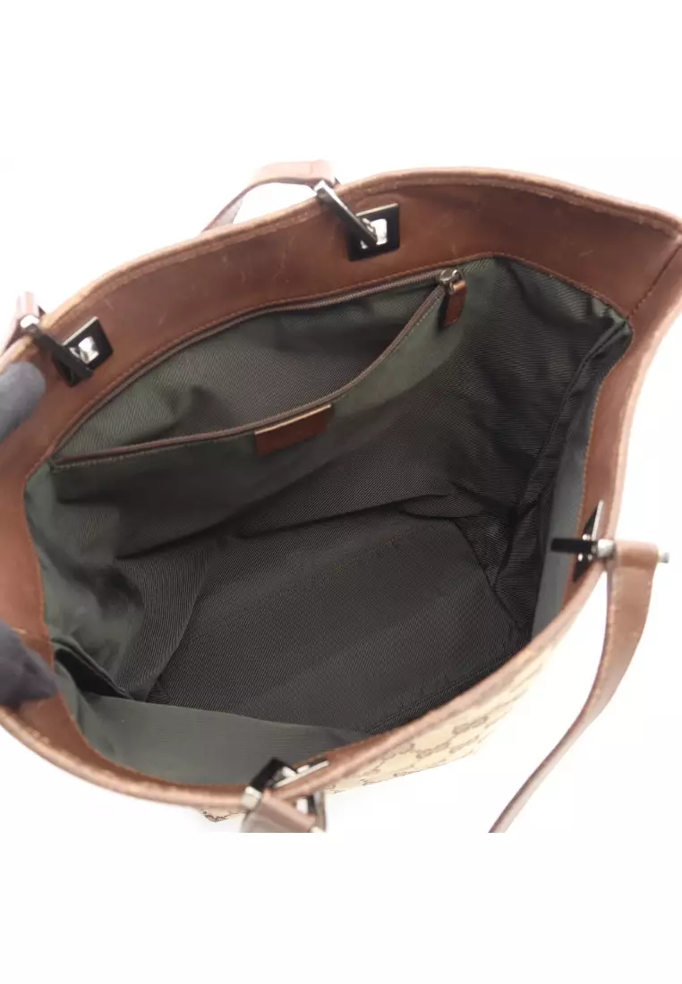 Pre-Loved Gucci GG canvas Shoulder bag tote bag canvas leather beige Dark brown