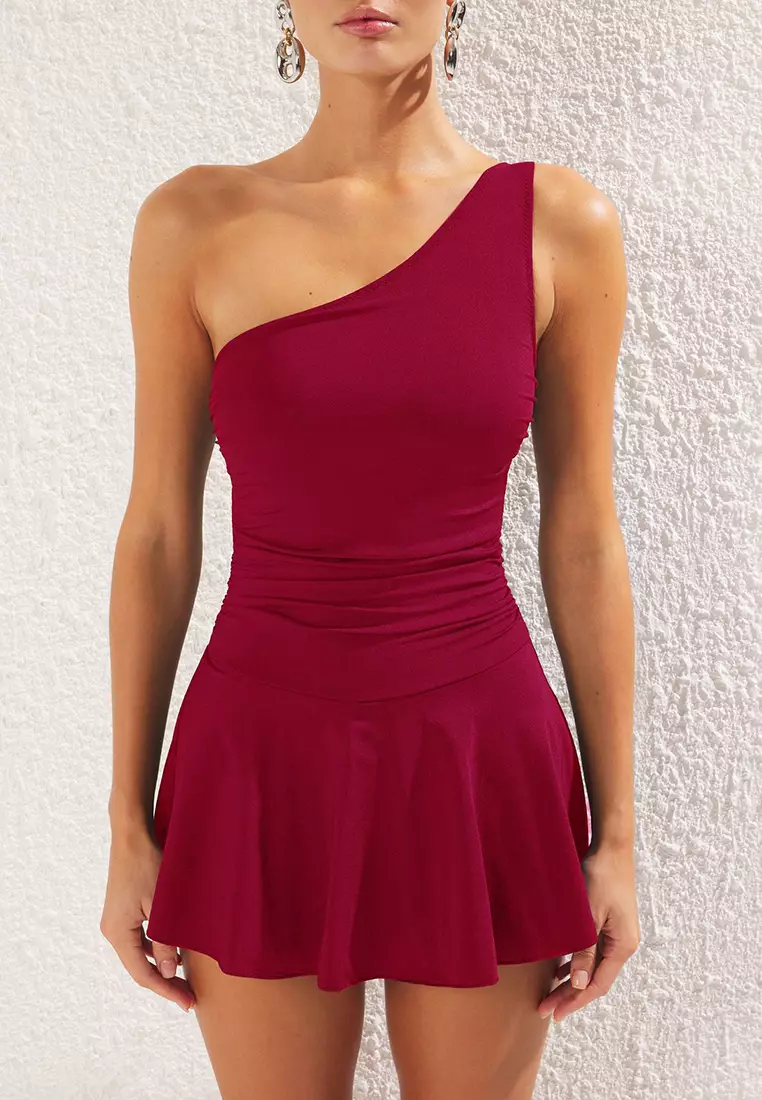 Burgundy One Shoulder Skirt Shorts Swimsuit Tbess25Ma00061