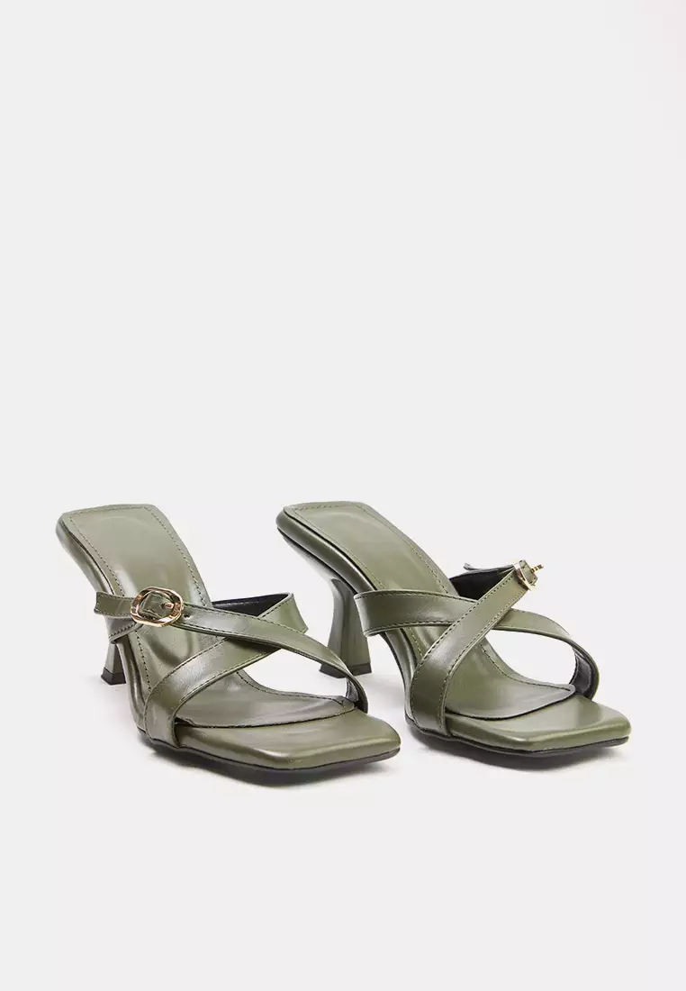 Gold Buckle Square Toe Heels