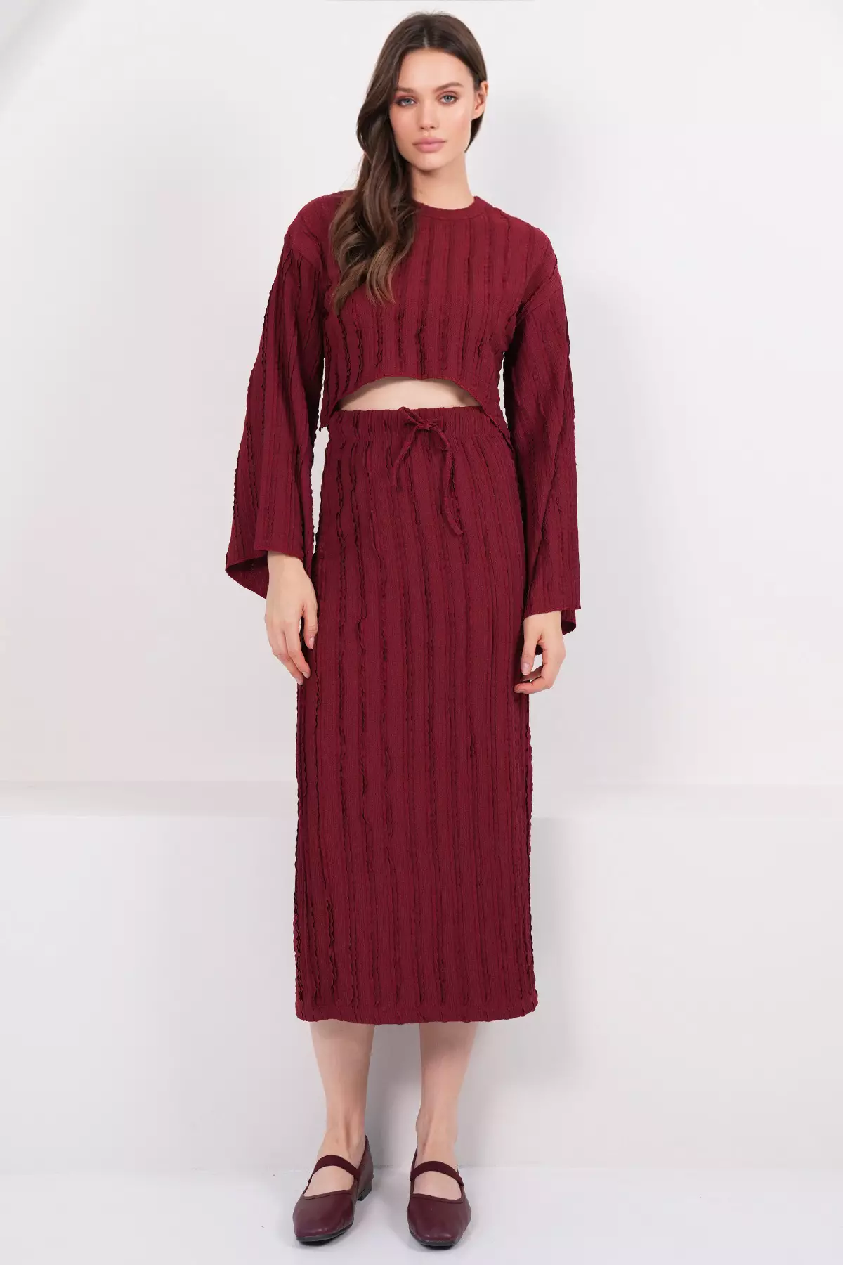 Burgundy Asymmetrical Cut Blouse And Skirt Set With Stitching Detail Alc-X14808