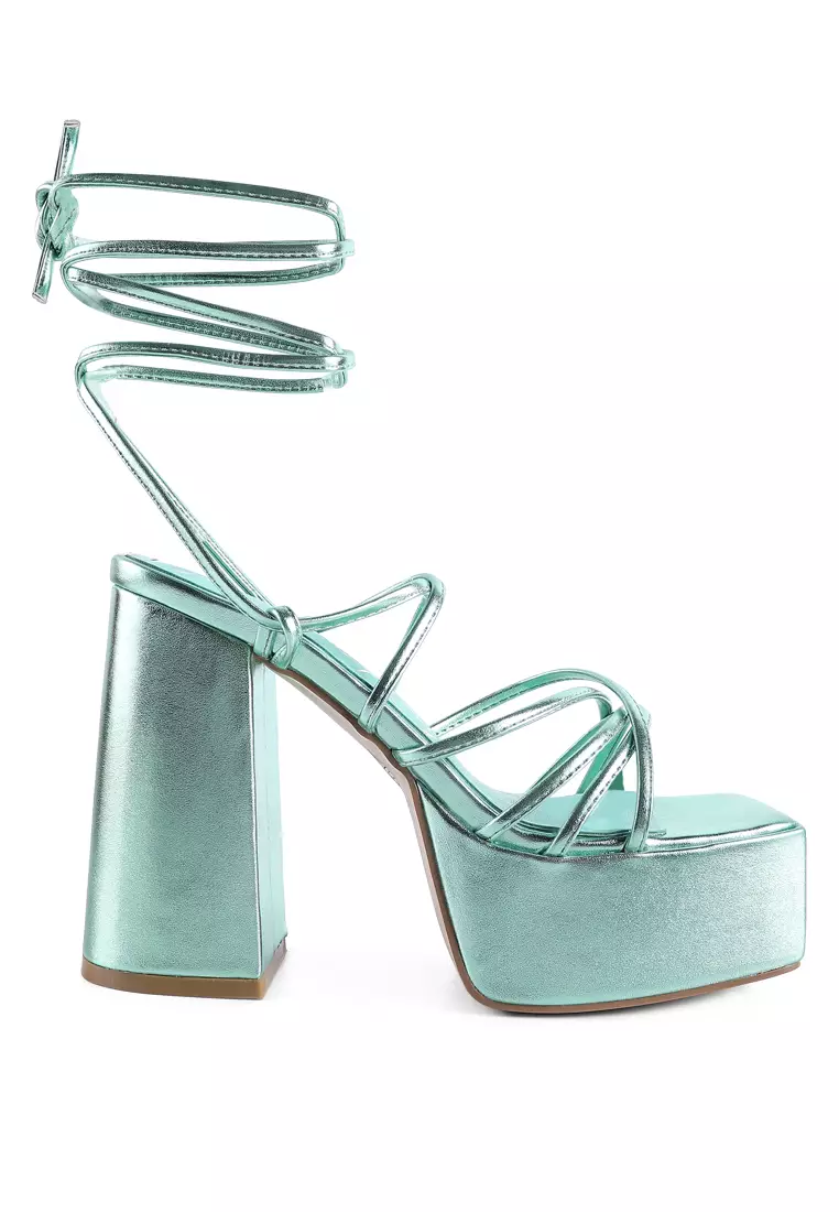 Discount on London Rag  shoes - SKU: Green Metallic Block Heeled Lace Up Sandal