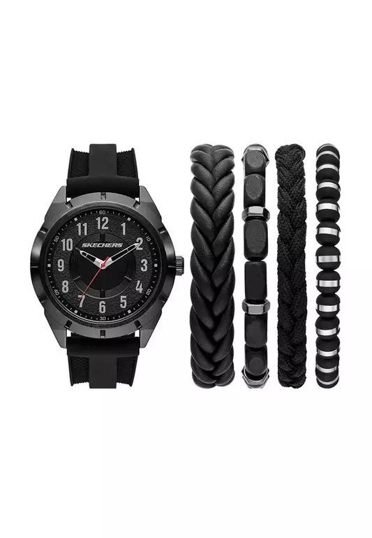 Black Stackable Watch and Bracelet Set Black Silicone Strap Analog Watch SKC-SR9120