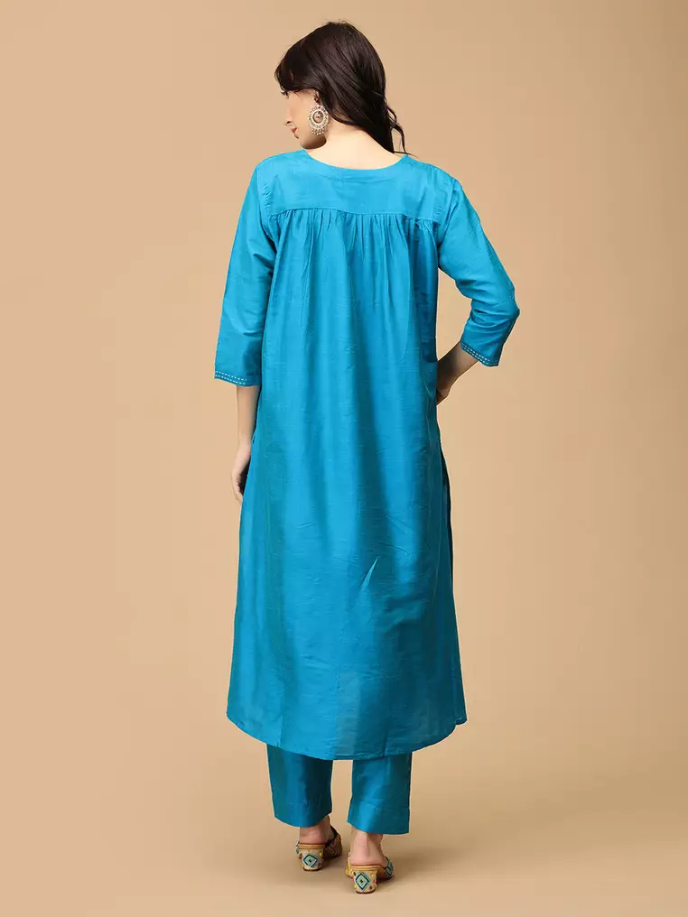 Mermaid Moment Embroidered Maternity and Nursing Silk Kurta Set - Aqua Blue