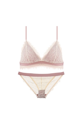 ZITIQUE pink and beige Women's Latest French Style 3/4 Cup Ultra-thin Triangle Cup Thin Pad Lingerie Set (Bra And Underwear) - Champaign E54FEUS3418542GS_1