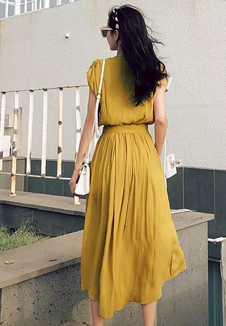 Chiffon Long Short Sleeve Cardigan Style One-Piece Dress A22022532YE