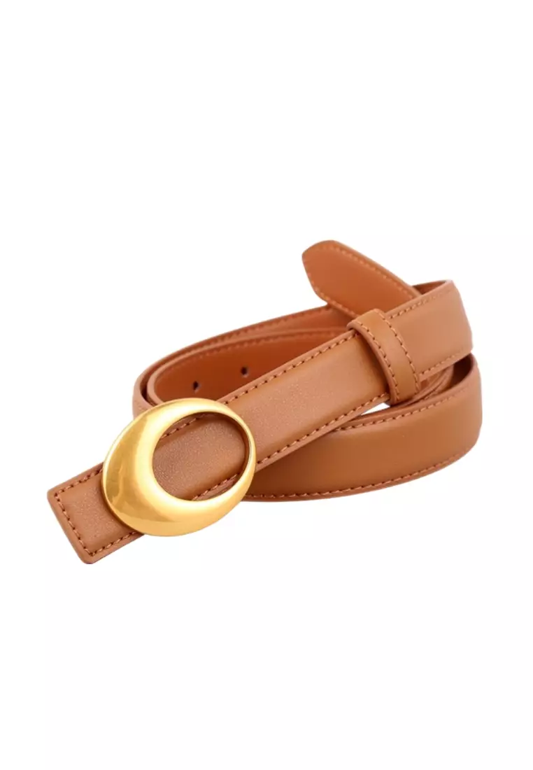Genuine leather belt for women with vintage gold arc buckle decoration