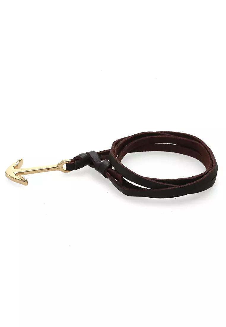 Aleda Gelang Kasual Pria Wanita Aksesoris Fashion Bracelet Adjustable Strap Anchor Design Material Leather ORIGINAL - Brown