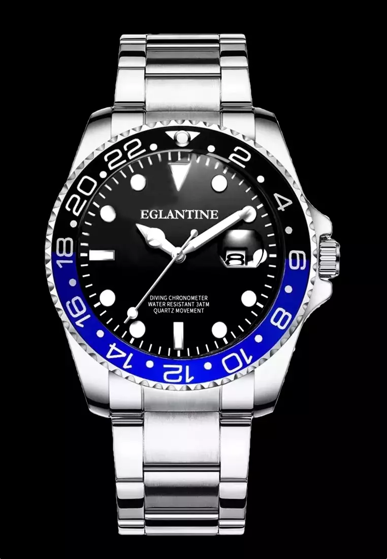 Diver's Watch, Steel Case and Bracelet, Black Dial, Black & Blue Turning Bezel, Quartz Movement