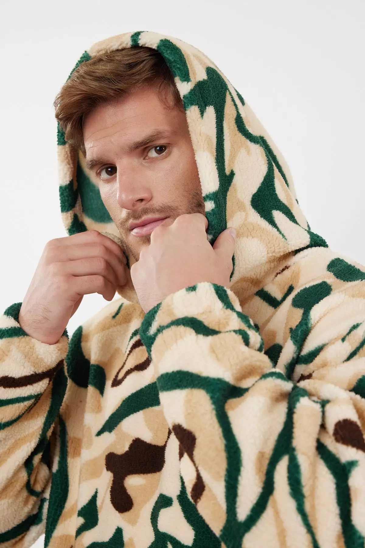 Multicolored Unisex Oversize/Wide Cut Patterned Sherpa Fleece/Plush Hooded Sweatshirt TMNAW25SW00147