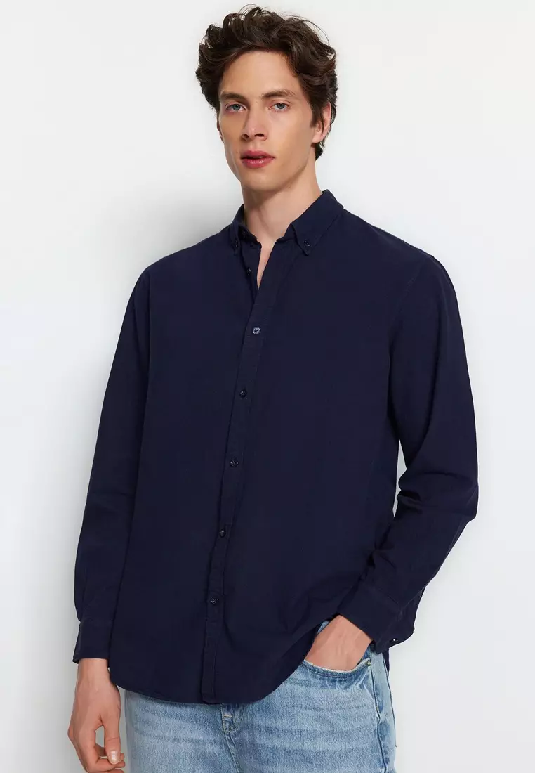 Navy Blue Unisex Regular Fit 100% Cotton Linen Look Shirt TMNSS23GO00099 TMNSS23GO00099