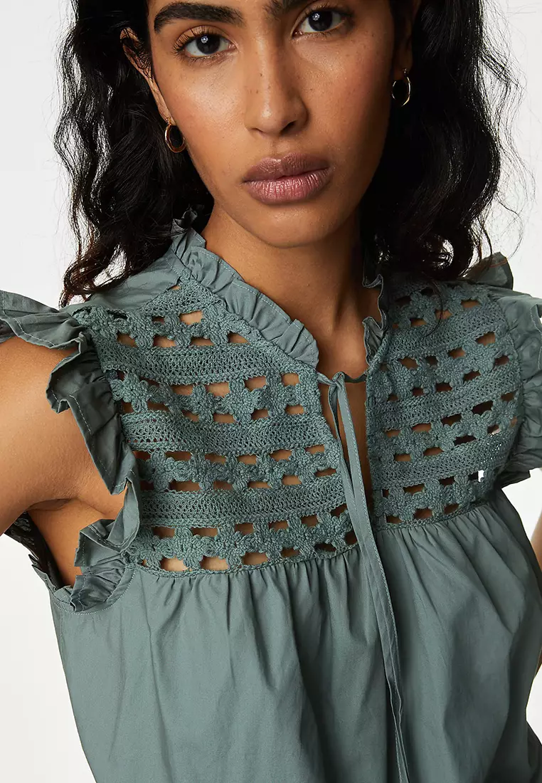 Pure Cotton V-Neck Lace Insert Top