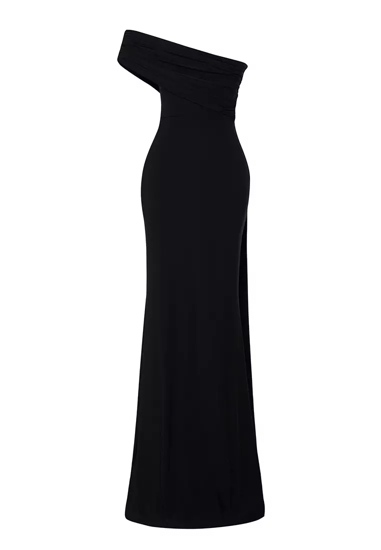 Black Asymmetric Neckline Long Evening Dress Graduation Christmas Dress