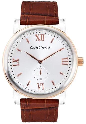 Christ Verra Fashion Men's Watch CV 52049G-24 SLV/BRN White Rose Gold Brown Leather