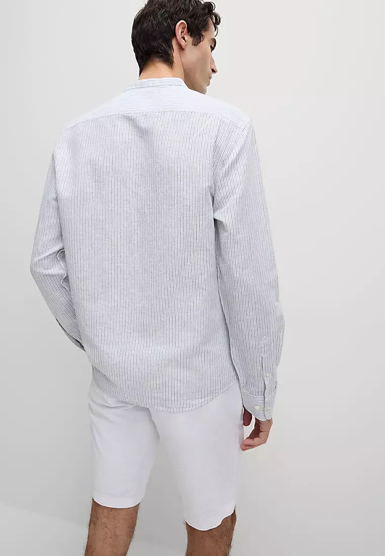 Cotton Linen Blend Striped Grandad Collar Shirt