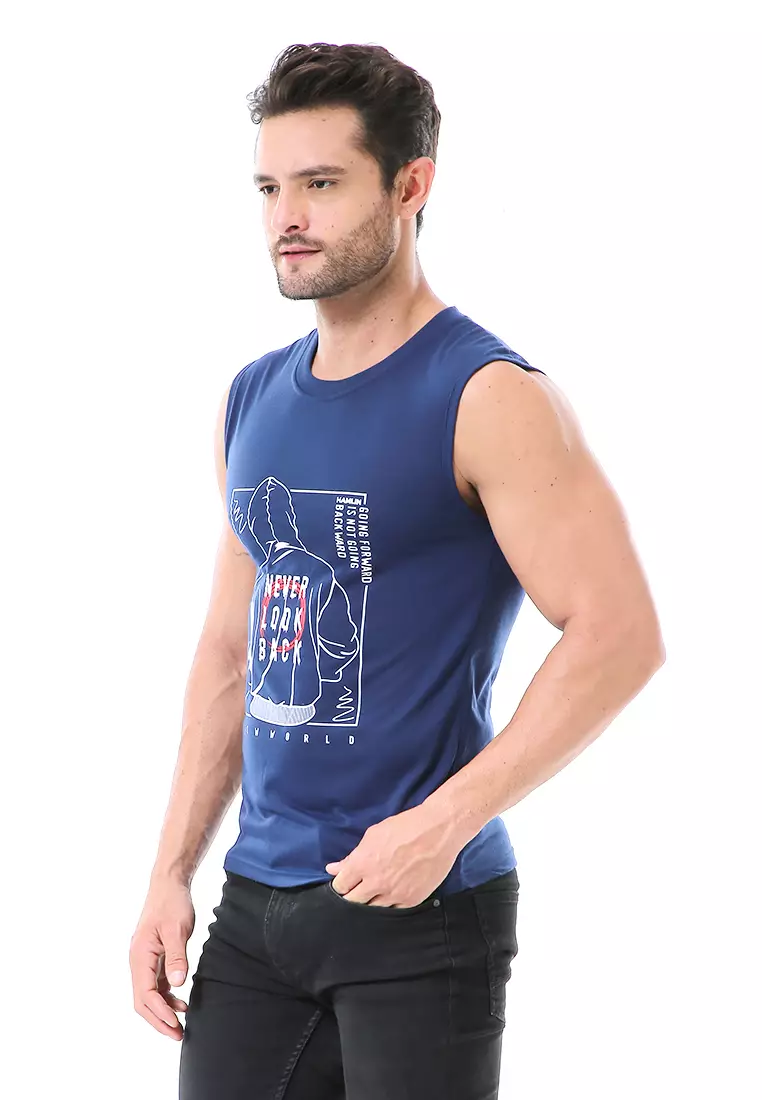 Bobby Atasan Kasual Pria Singlet Motif Never Look Back Sleeveless Tshirt Material Cotton ORIGINAL - Navy