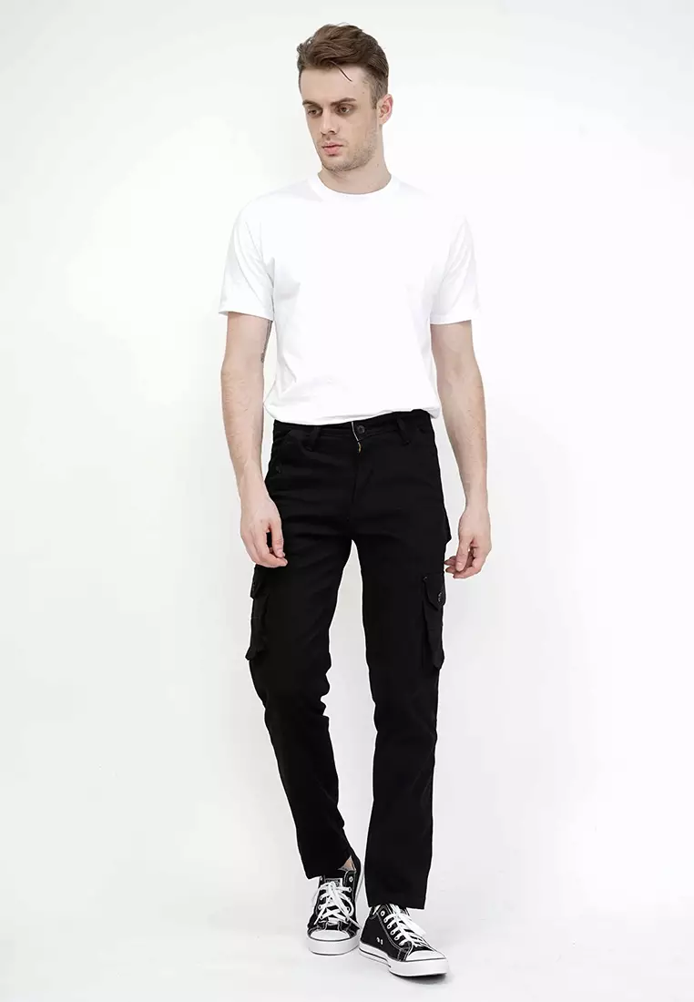 Celana Panjang kargo Pria Slim Fit Cargo pants kantong stretch melar Hitam