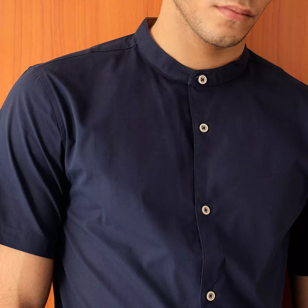 OXCON Kemeja collarless kerah koko Suede Kasual Pria Lengan Pendek Navy
