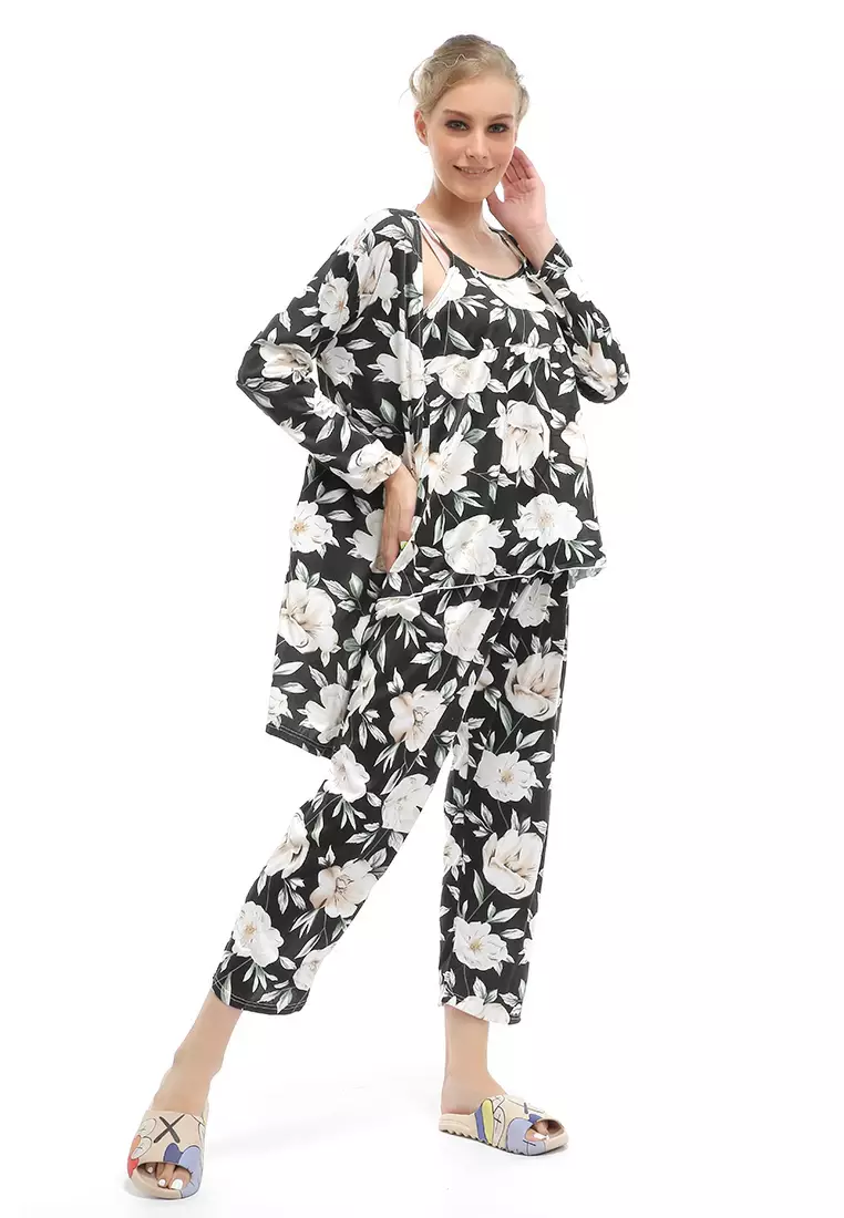 Vance Setelan Piyama Kimono Baju Tidur Wanita 3in1 Motif Bunga Material Cotton ORIGINAL - Black