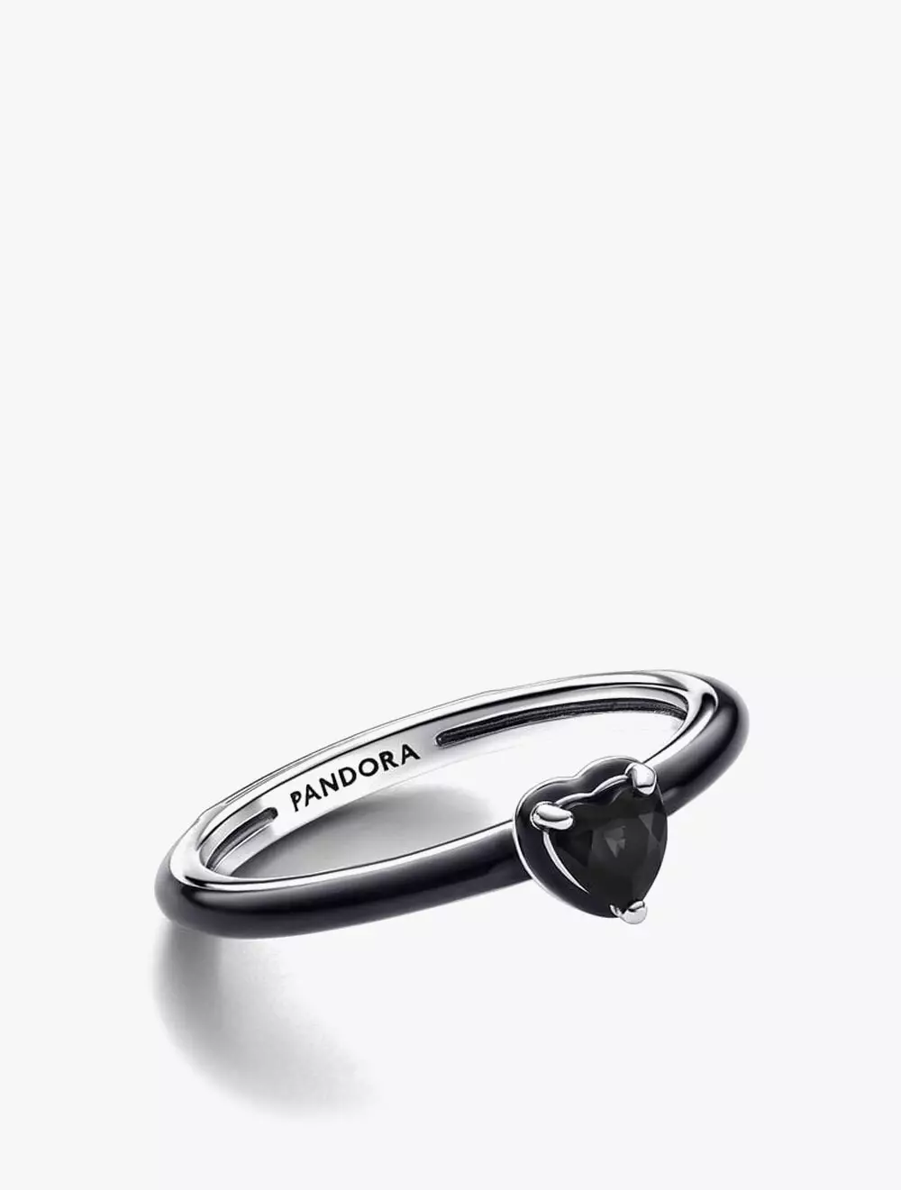 Heart sterling silver ring with black crystal and black enamel