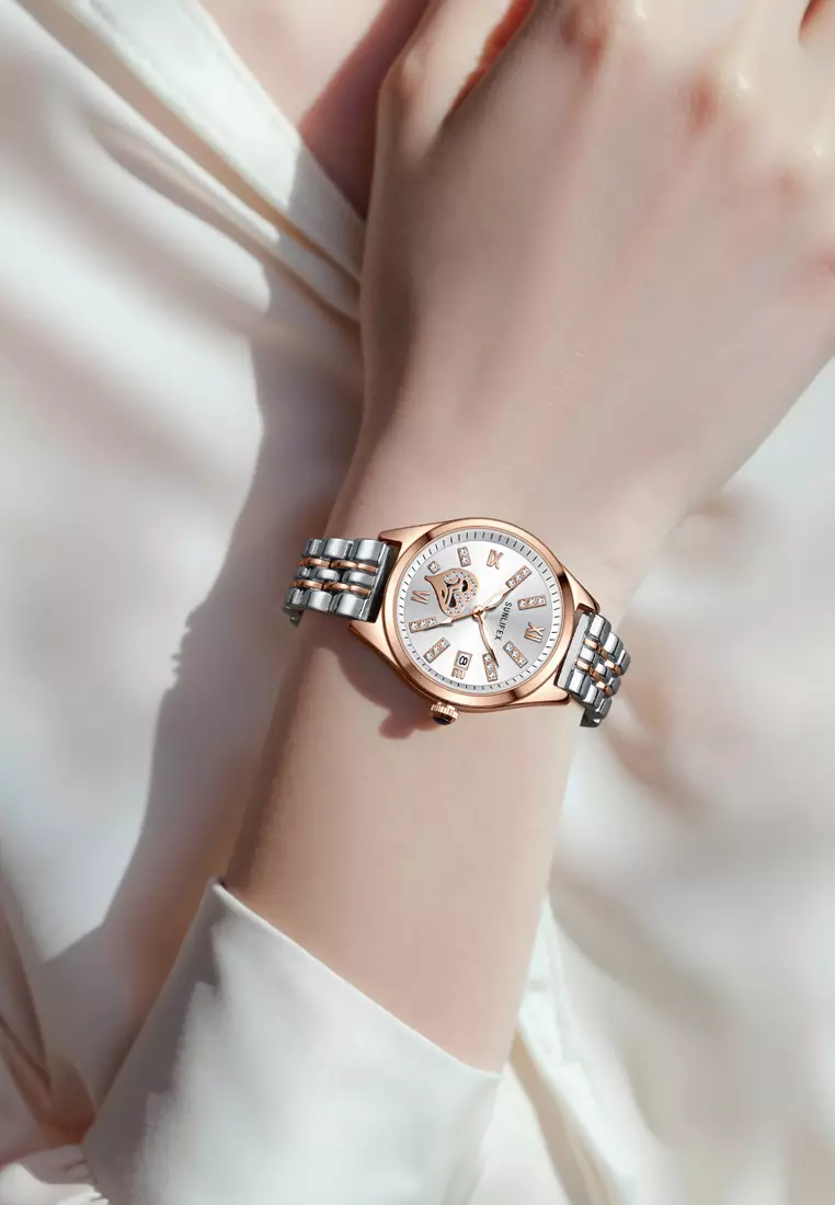 Jam Tangan Wanita 6000 Calendar Berlian Elegan Santai Jam Tangan Cewek rosewhite