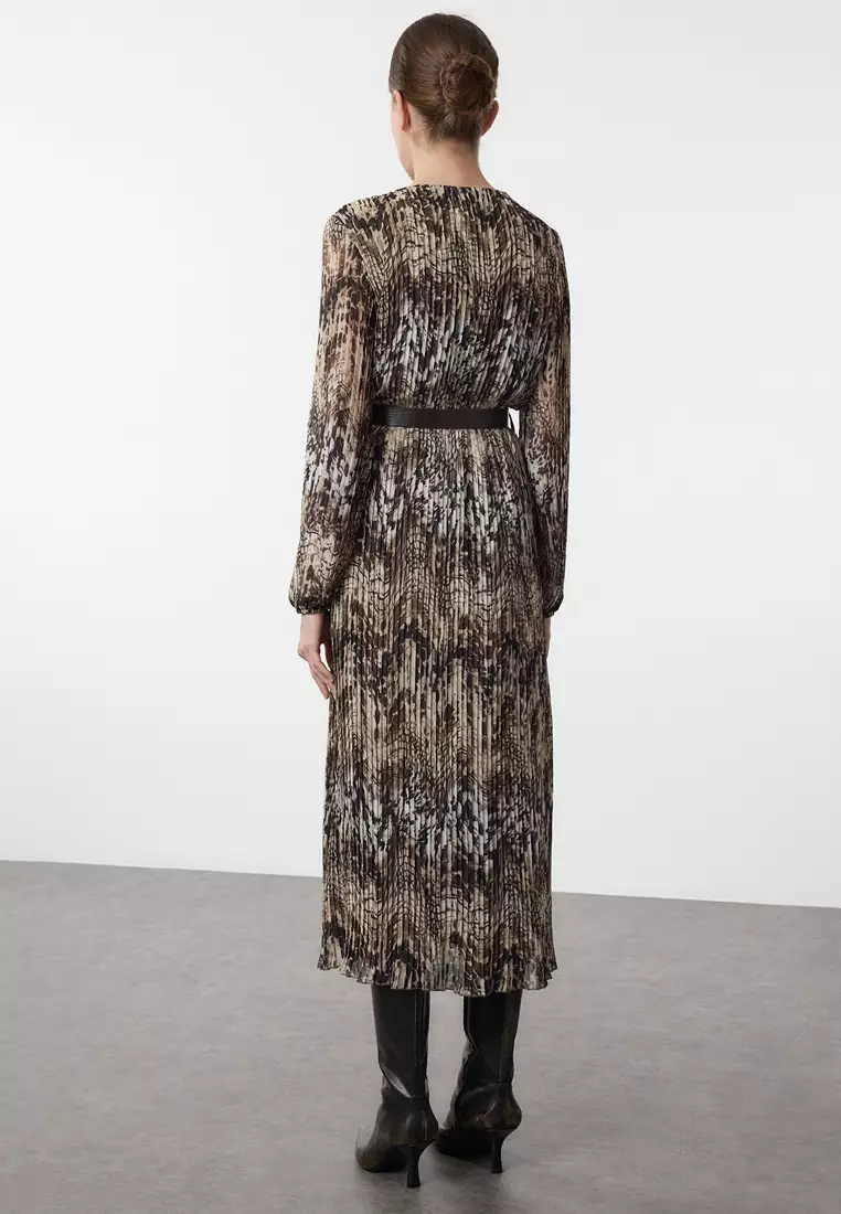 Plisse Belted Midi Dress