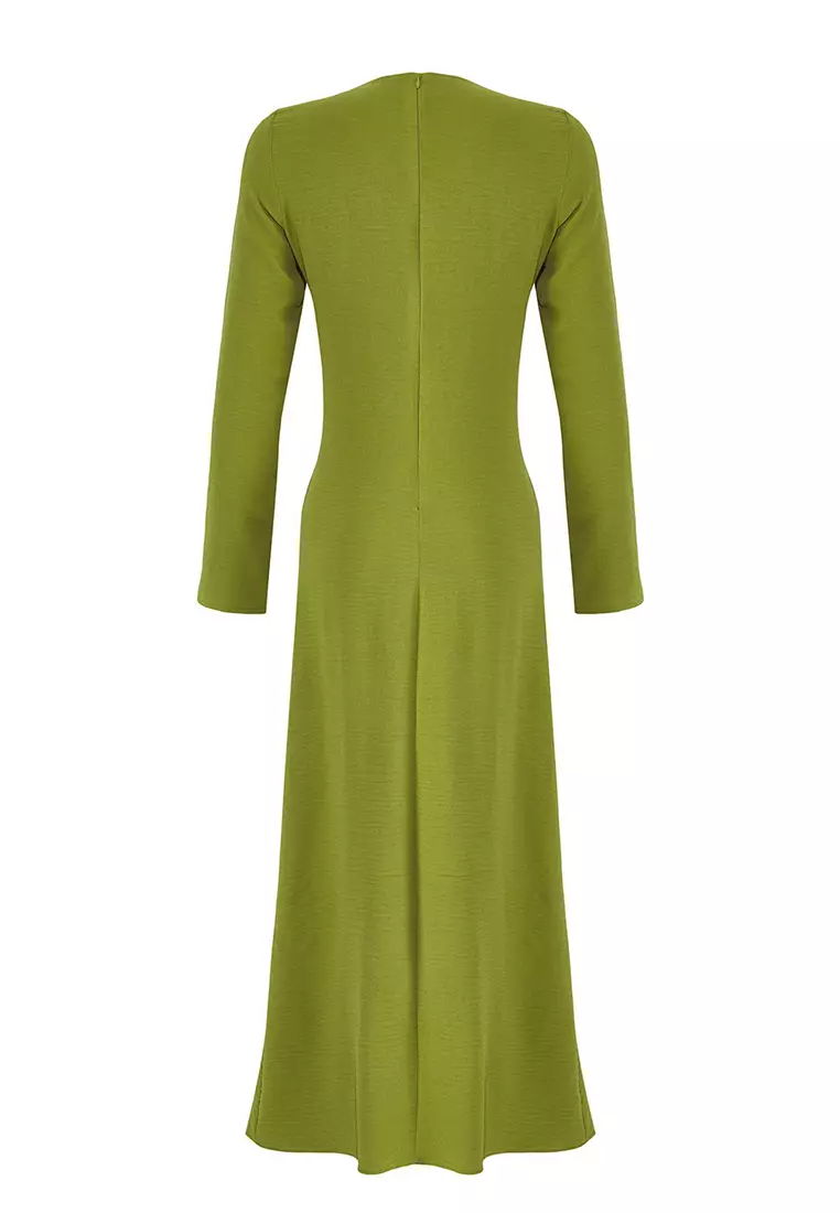 Khaki Gold Brooch Detailed Aerobin Woven Dress TCTSS25EB00138