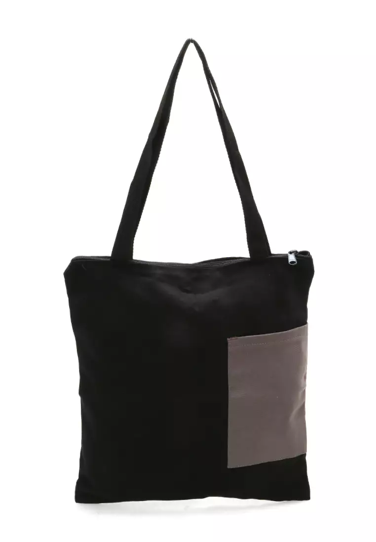Hamilton Totebag Unisex Kombinasi Warna Large Compartment Material Canvas ORIGINAL - Black