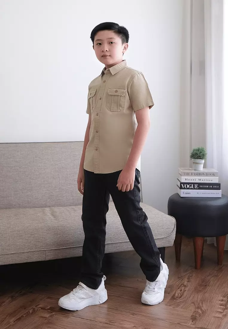 POLICE Kemeja Polos Cotton Kantong Dua Anak Laki Laki