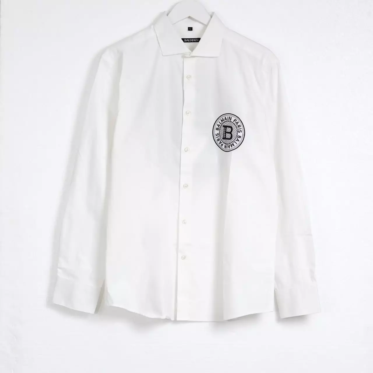 Kemeja BALMAIN B CIRCLE BACK EMBROIDERY BLACK WHITE LONG SHIRT 100% ORIGINAL