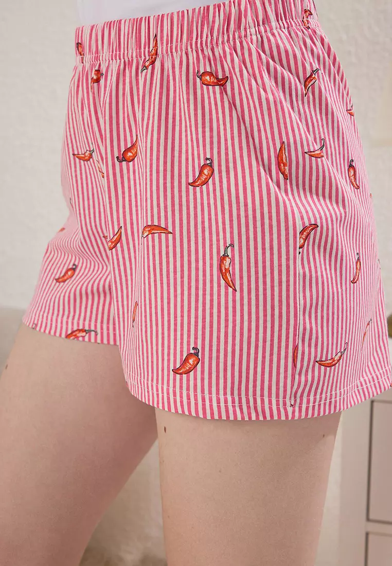 White 100% Cotton Striped Pepper Patterned Shorts Knitted Pajama Set Thmss25Pt00261