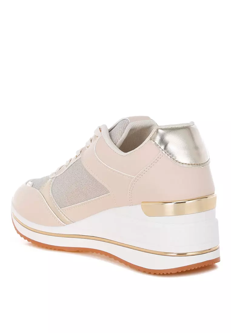 Faux Leather & Mesh Sneakers In Beige