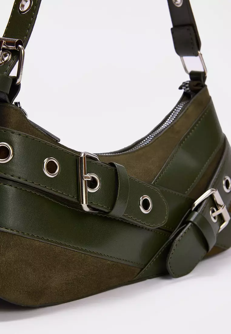 Eyelet Belt Buckle Detailed Medium Size Baguette Shoulder Bag