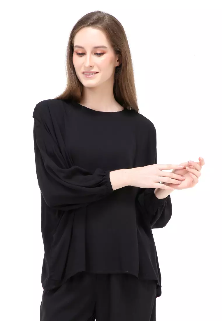 Jennifer Blouse Long Sleeves Wanita Motif Polos Atasan Casual - Black
