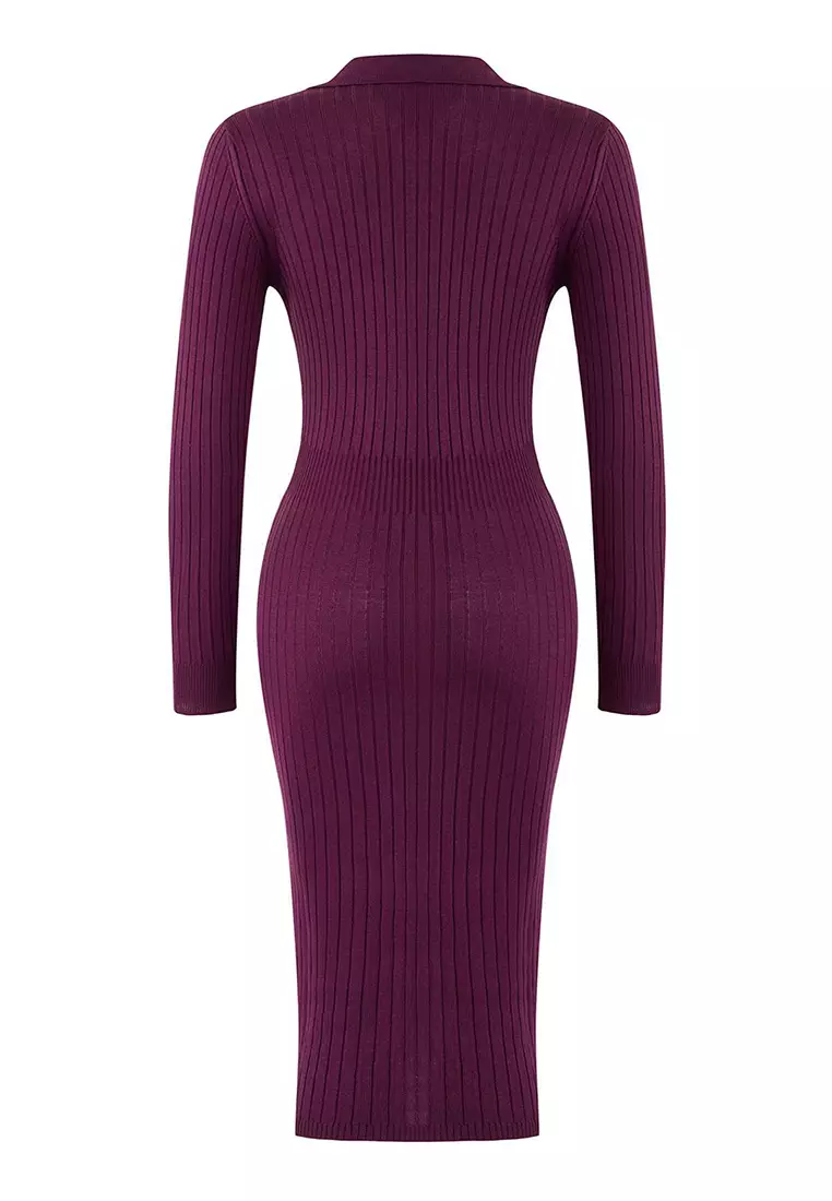 Plum Midi Knitwear Polo Collar Dress