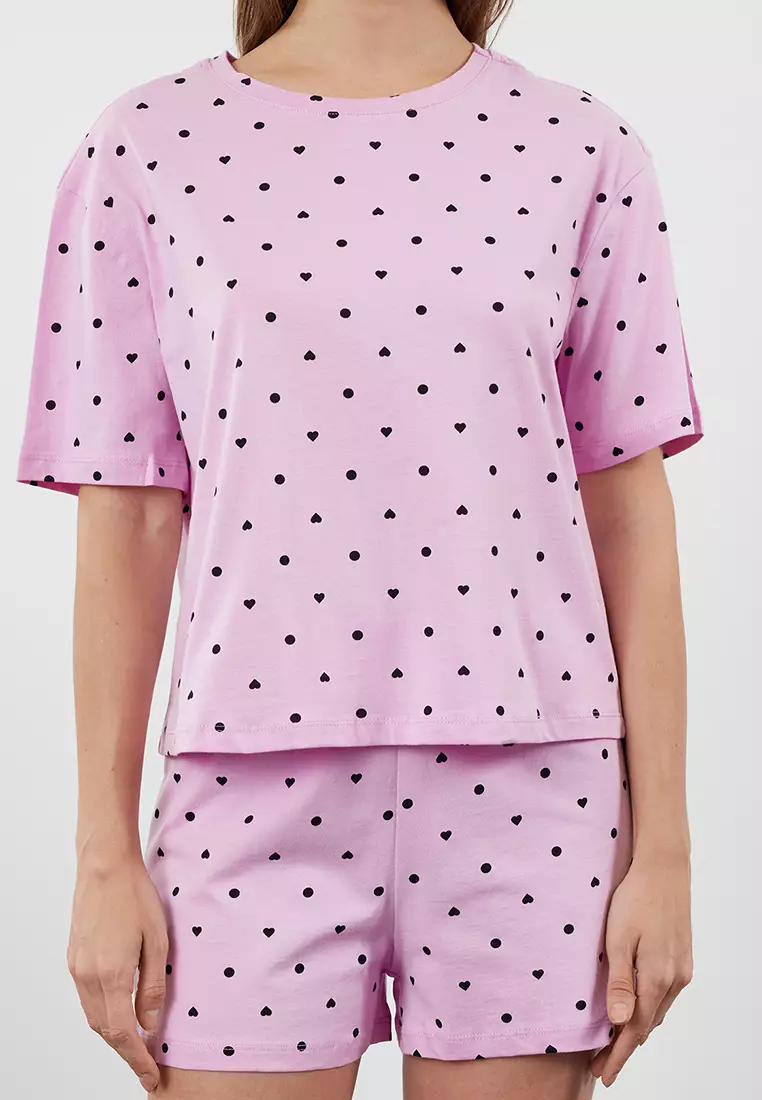 Pink Heart Patterned Shorts Knitted Pajama Set