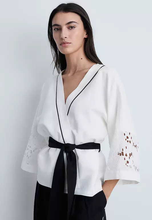 Linen-Blend Caftan With Openwork Details