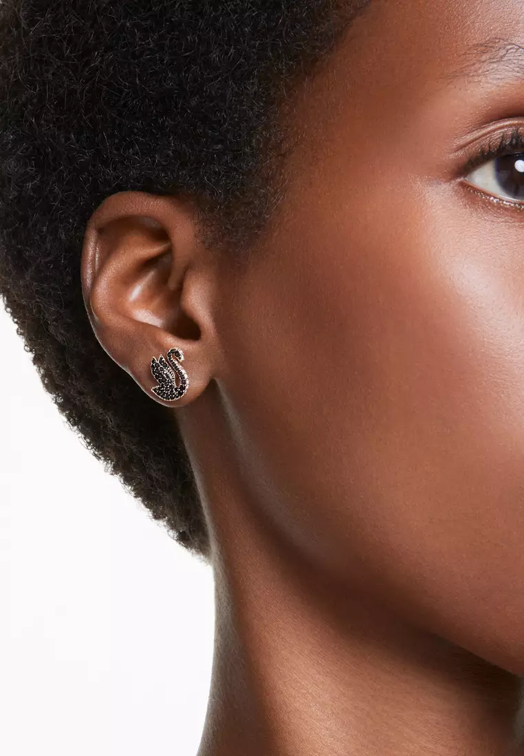 Swan stud earrings, Swan, Black, Rose gold-tone plated