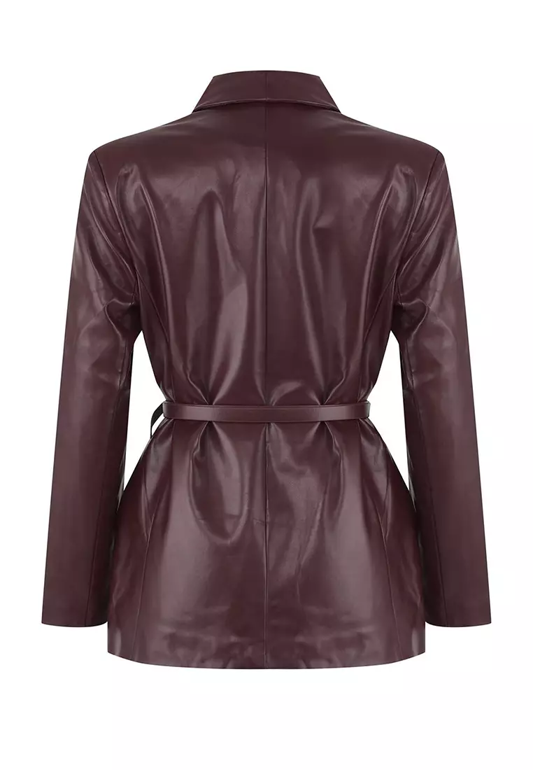 Burgundy Belted Double-Breasted Faux Leather Blazer Jacket