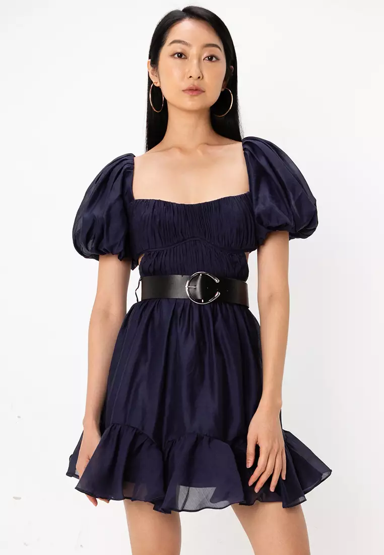 Voile Mini Dress With Pleated Bodice And PU Belt