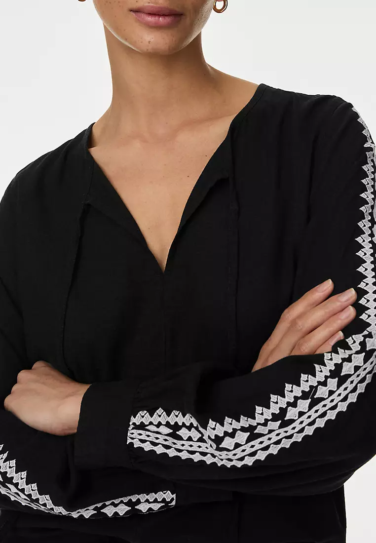 Linen Blend Embroidered Tie Neck Blouse