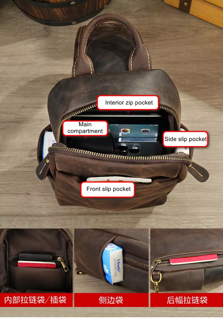 Men's Crazy Horse Cow Leather Zipper Belt Bags Chest Bags