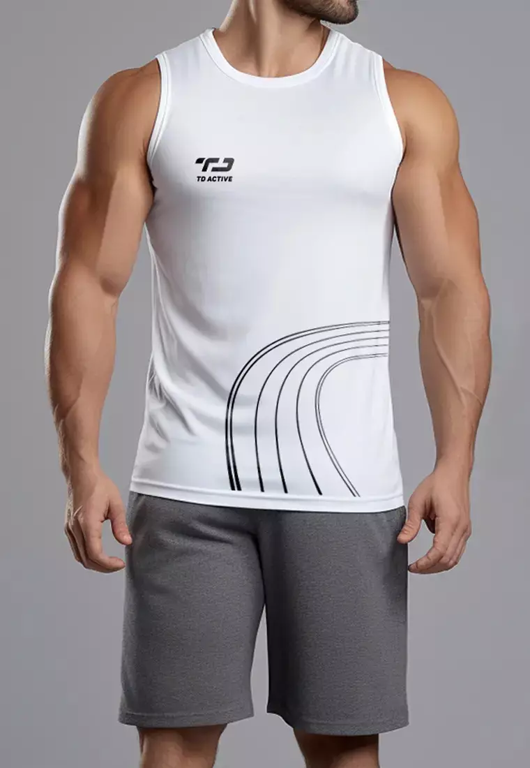 MSA52 Kaos Lari Gym Kutung Sleeveless Tank top drifit "td active track outline" putih
