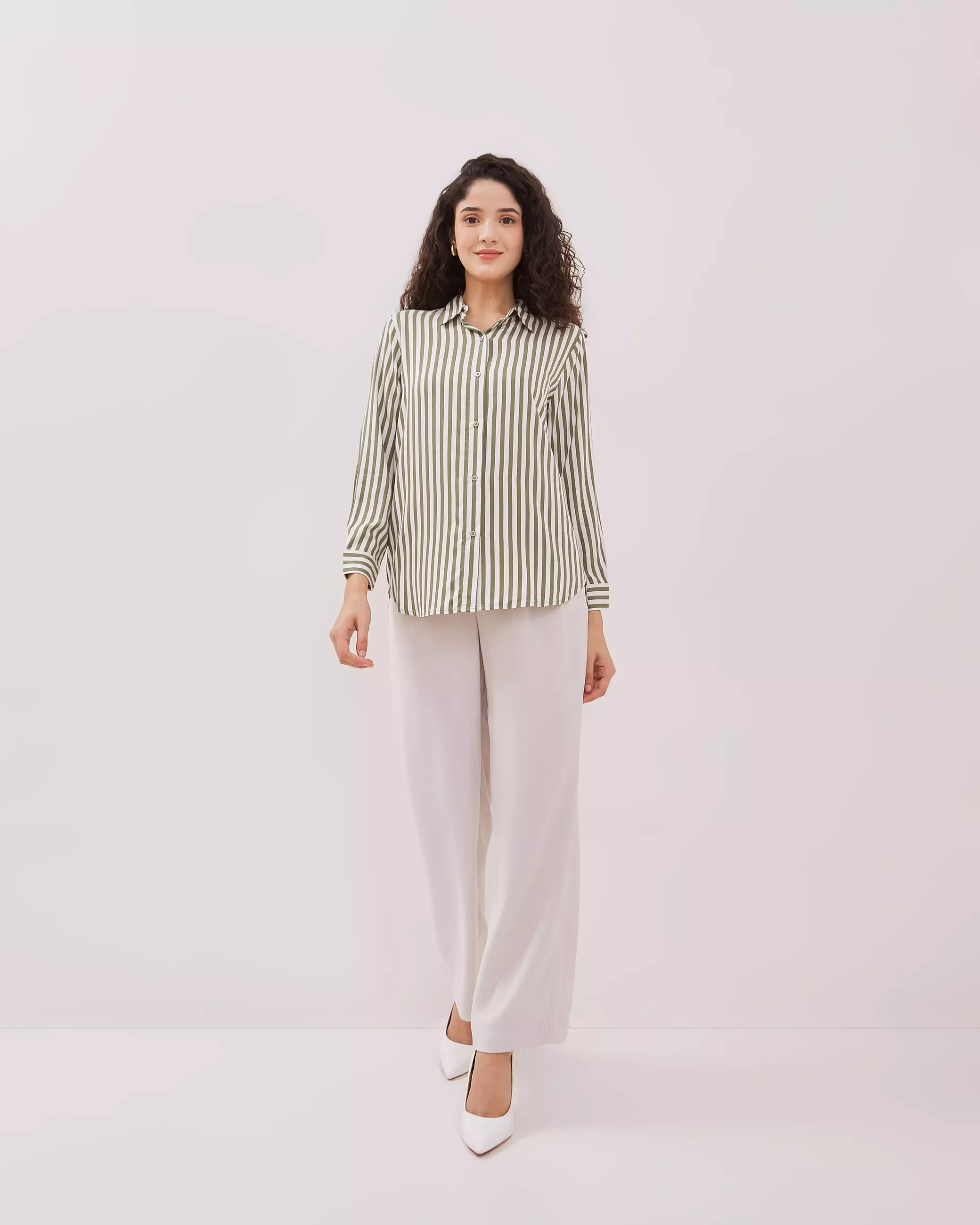 Urban Exchange Lyla Green Stripe Shirt - Atasan Stripe Lengan Panjang Warna Green