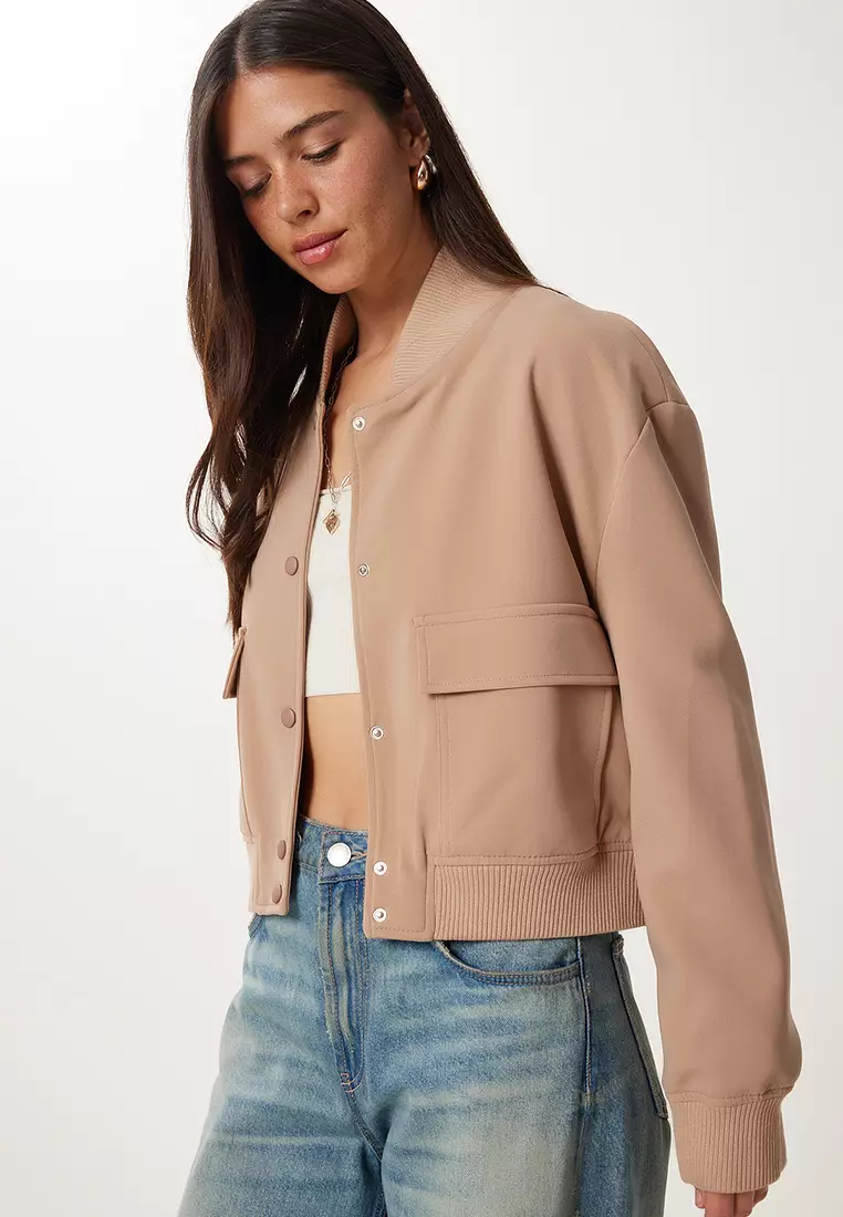 Women's Beige Bomber Woven Jacket With Flap Pockets Oh00063