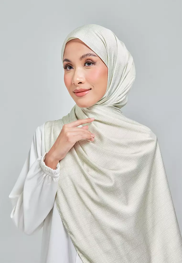 Monogrammatic Printed Satin Silk Scarf in Fog Green