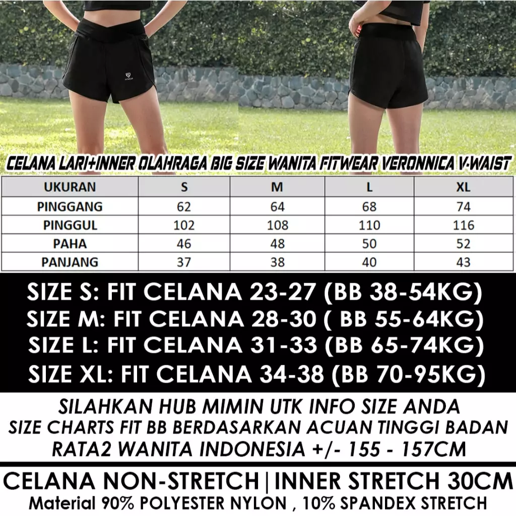 Fitwear Celana Pendek + Inner Olahraga Big Size Wanita VERONNICA V-WAIST POCKET - BLACK