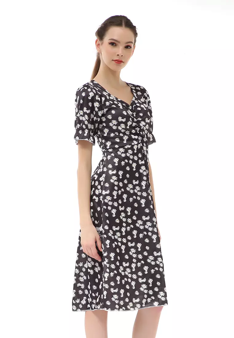 Rachel Dress Wanita Desain Belah Pinggir Short Sleeve Motif Bunga Material Cotton ORIGINAL - Black