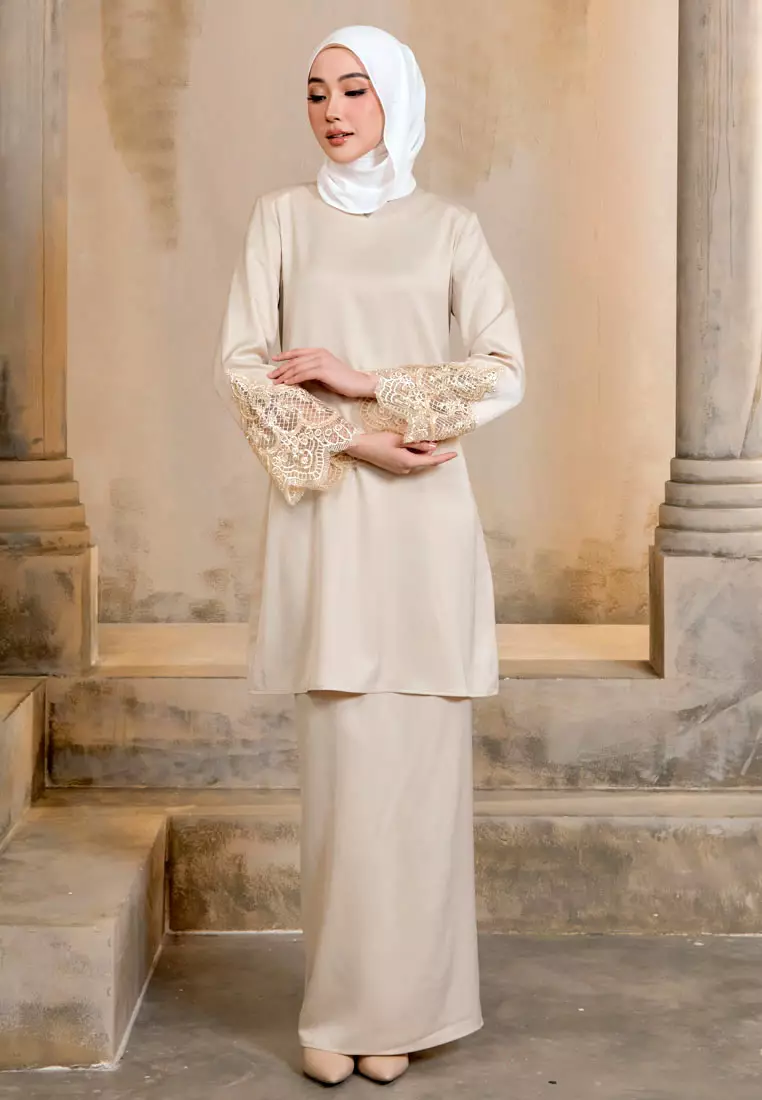 Sutera Champagne Satin Baju Kurung Modern with 3D Beading Lace Sleeves