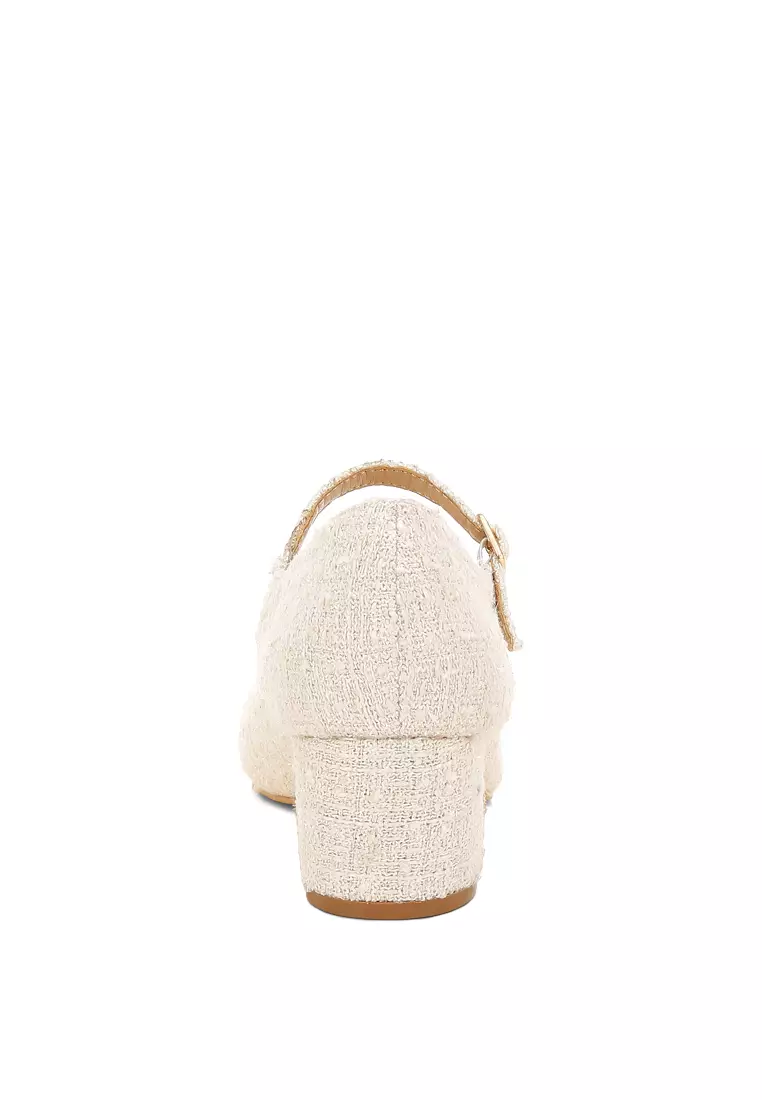 Sandal Tweed Mary Jane Warna Putih