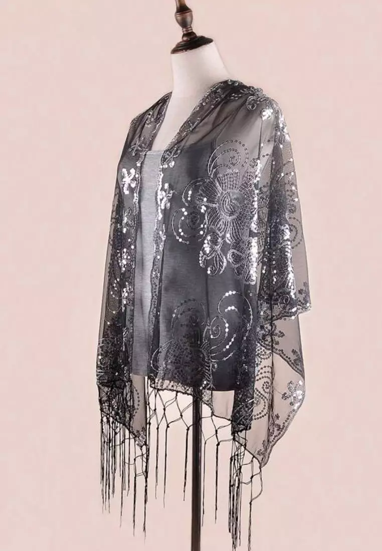 Aksesoris Wanita Sahana Flower Gold Sequinn Lace  Fringed Evening Shawl Syal Pesta Wanita Black & Silver